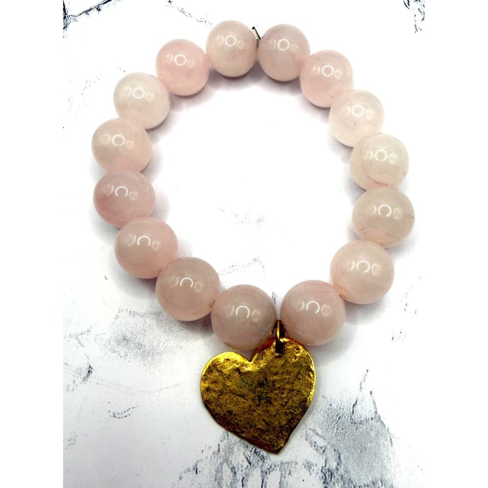 Chunky Pink Rose quartz‎ Stretch Bracelet Hammered Gold Heart Charm 15mm